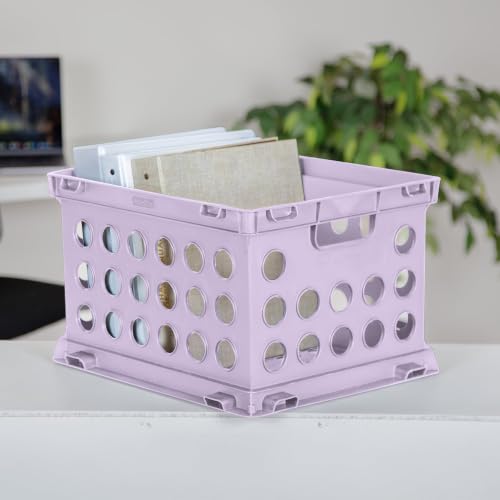 Lavender Plastic File Crate Storage Bin, Stackable Document Organizer with Integrated Through Handles, Hanging File Box for Letter Size Paper, Office & Home Desktop File Storage Container - Image 3