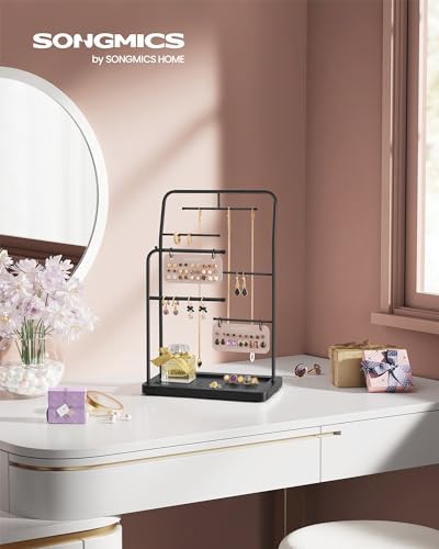 SONGMICS Portagioie Porta Collane e Orecchini Espositore per Gioielli in Metallo 2 Cuscinetti per Orecchini 6 Barre per Appendere Porta Bracciali Anelli Nero Inchiostro JJS024B01