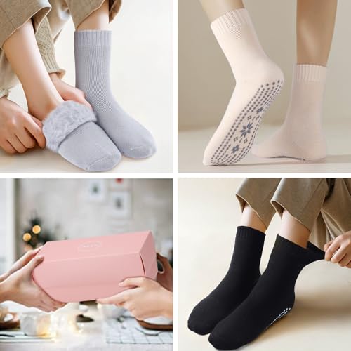Image of ICEIVY Thermal Slipper Socks, Thick Grip Hospital Plush Slipper Grip Socks Women Winter Soft Warm Cozy Socks 4 Pairs
