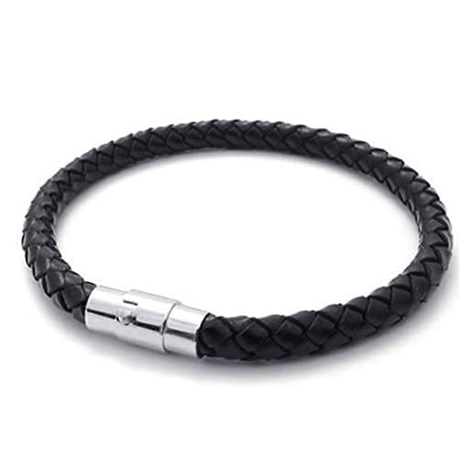 Beauneo Pulsera de joyeria, Acero Inoxidable de Cuero, Pulsera de Cuero Trenzado, para Hombres Mujeres, Negro - Ancho 6mm - Longitud 21.5cm