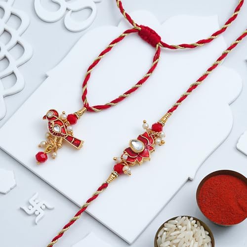 Image of eCraftIndia Red Lotus Bird Designer Bhaiya Bhabhi Rakhis with Best Bro Ever Fridge Magnet | Set of 2 Rakhi for Brother and Bhabhi | Lumba Rakhi | Roli Chawal Pack