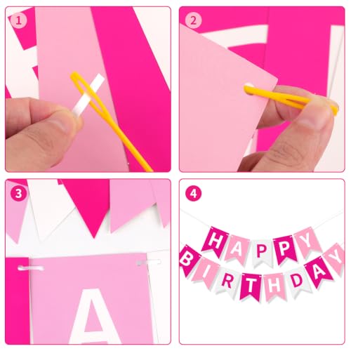 Image of Pink White Happy Birthday Banner Hanging Sign Circle Dot Triangle Bunting