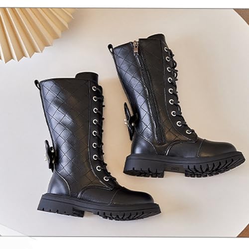 Girls' Leather Lace-Up Knee High Boots With Side Zippers, Comfortable Round Toe, Non-Slip Low Heel Riding Boots, Fashionable Bow Pearl Combat Boots 6