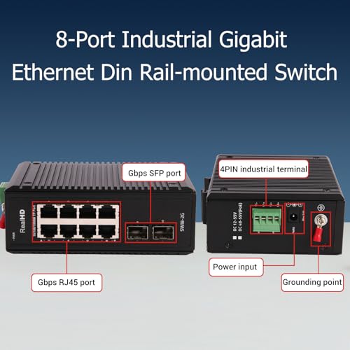 Image of Industrial Ethernet Switch, 10-Port Gigabit Din Rail Switch Hardened, 1000Mbps, 8 Ethernet Ports + 2 SFP Port, Din Rail & Wall Mountable (-40 to 185 F), 20Gbps Switching Capacity, with UL Power Supply