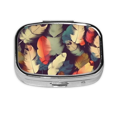 ピルボックス フェザー スクエア ピルケース ミニ メタル トラベル ピルボックス 財布用 小型 かわいい 2コンパートメント 薬 ピル オーガナイザー ポータブル ピル 容器 ホルダー 毎日の薬 ビタミン