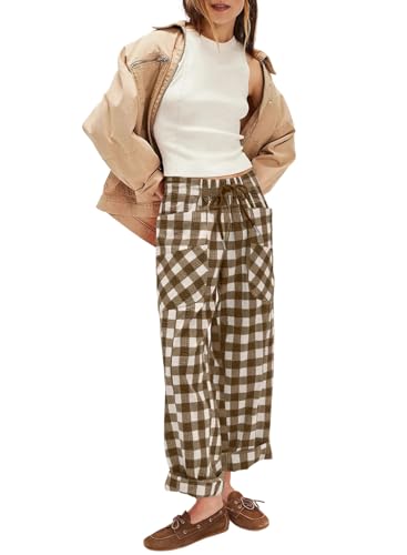 Acelitt Women Casual Loose Drawstring Elastic Waist Checkered Pants with Pockets, S-XXL