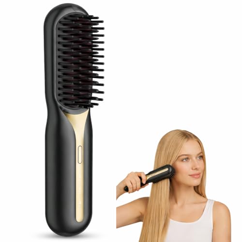 Upgraded Cordless Hair Straightener Brush Portable Mini Straightening Lightweight Multifunctional Comb -Professional Negative Ion Anti-Scalding Styling for Women Beard Straightener for Men (Black)