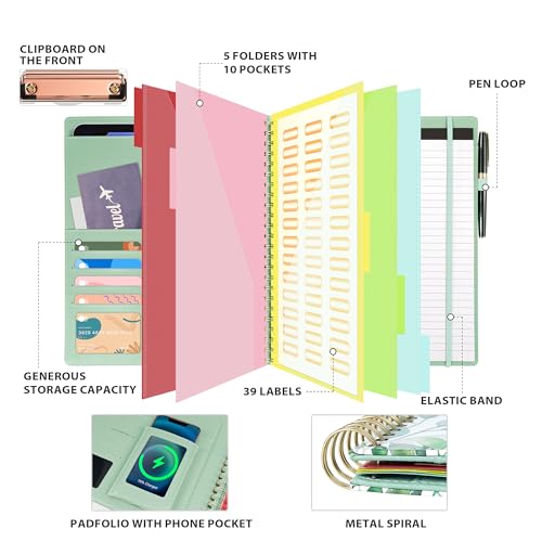 Image of Ospelelf Clipboard with Storage, Leather Padfolio Portfolio Organizer 5 Folders with 10 Pockets, Spiral Clipboard Folio with Notepad for Letter Size, Elastic Closure and Pen Loop Green Plants