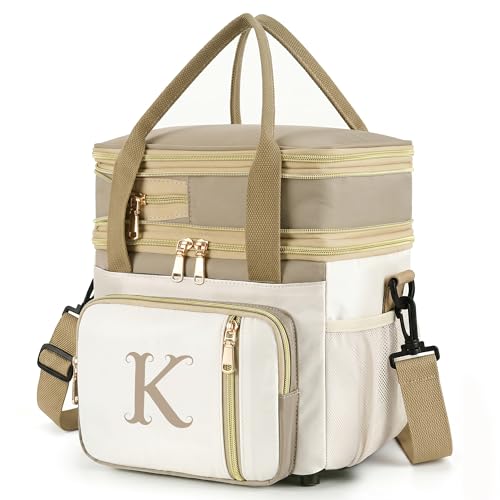 LOKASS Personalized Initial Lunch Bag for Women, Double Deck Insulated Cooler Lunch Bag with Strap, 16L Large Leakproof Adult Lunch Box for Work, Picnic, Travel, Teachers, Nurses, Friends - K