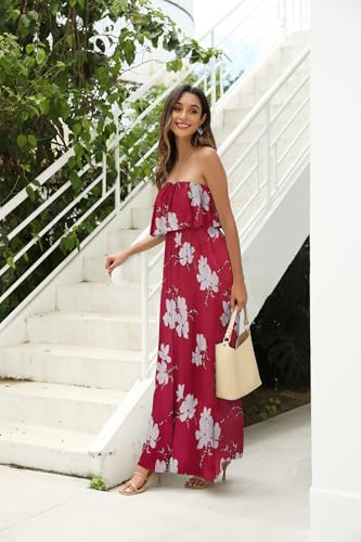 Image of ZMPSIISA Women's Summer Off The Shoulder Maxi Dress Ruffle Strapless Blue White Porcelain Boho Casual Loose Long Dresses