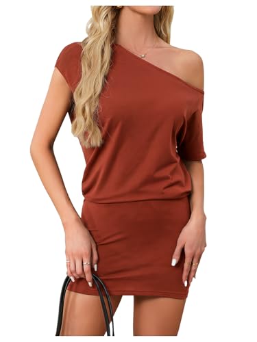 Image of SOLY HUX Women's Off The Shoulder Mini Dress Going Out Asymmetrical Neck Short Sleeve Casual Bodycon T Shirt Dresses