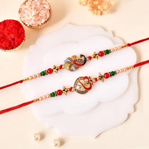 Image of CraftVatika Kundan Rakhi Set for Brother Set of 2, Designer Peacock Rakhi for Brother Boy Men, Premium Kalash Raki for Bhaiya, Traditional Rakshabandhan Rakhis with Best Wishes Card and Tillak Set