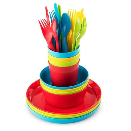 Plaskidy Kids Dinnerware Set for 4-24 Piece Plastic Childrens Dishes Dinnerware Sets Microwave/Dishwasher Safe BPA Free - Toddler Dinner Set Includes Kids Plates and Bowls Kids Cups Flatware Set