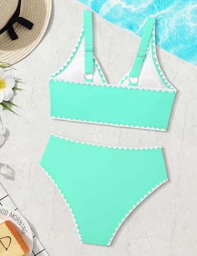 Image of KANGKANG Girls Swimsuit Bikini Set Solid Color V-Neck Two Piece Bathing Suit with Chest Pad Adjustable Straps Swimwear 7-16T