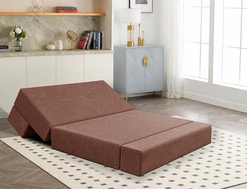 Image of Los Angeles Foldable One Seater Sofa Cum Bed, Sofa Bed 3 X 6 Feet Jute Fabric Washable Cover- Including Cushion Perfect for Living Room - Brown Color