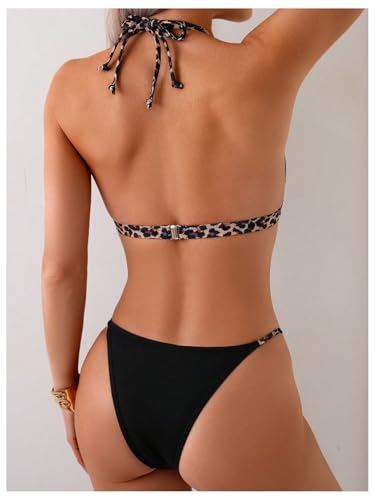 SweatyRocks Women's Leopard Print Halter Triangle Bikini Set High Cut 2 Piece Swimsuit2