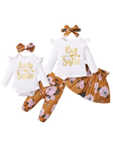 BIRTHDAY SHARK Baby Sister Matching Outfits Matching Outfits for Girls Long Sleeve Outfit (Yellow-Little Sister,0-3 Months)