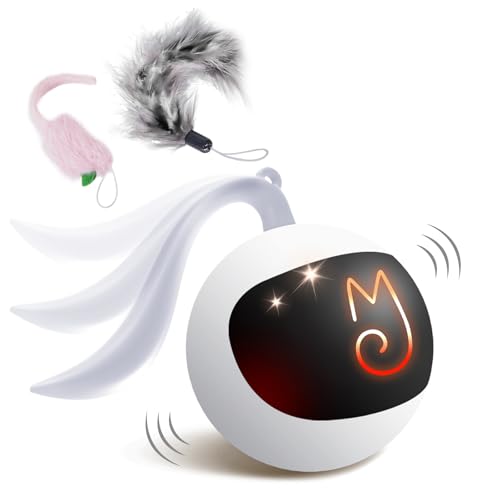 ミギポーズ（Migipaws） 猫 おもちゃ 自動 ねこのおもちゃ しっぽ付き 電動 人気 一人遊び ネコ 遊び道具 cat toy 室内用 猫運動不足解消グッズ 羽根とぬいぐるみ付き おいかけっボール（ホワイト）
