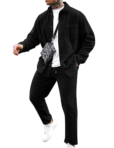 LecGee Men's 2 Piece Corduroy Shacket and Pants Outfits Long Sleeve Causal Autumn Winter Jacket Tracksuit Overshirt Set