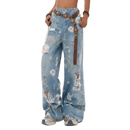 Women's Ripped Jeans High Waisted Baggy Boyfriend Jeans Distressed Vintage Floral Printed Wide Leg Denim Pants