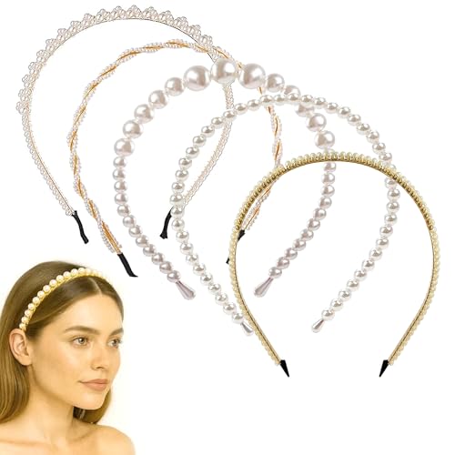 Image of GLUN Pearl Hair Band Set of 5 Different Design for Women & Girls, Elegant Pearl Headbands with Metal Frame, Stylish Hair Accessories for Party, Wedding, Daily Wear