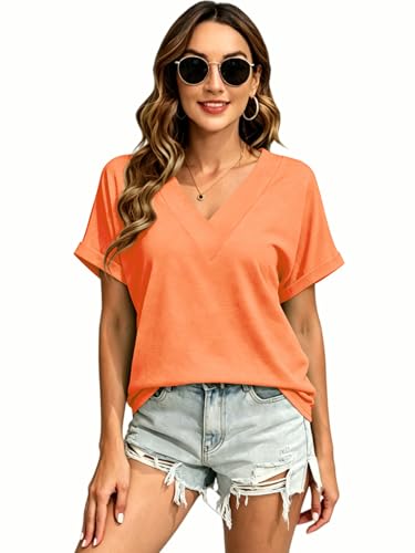 Image of T Shirts Short Sleeve V Neck Tees Womens Tops Beach Vacation Fashion Clothes 2026 Casual Summer Spring Fall Outfits