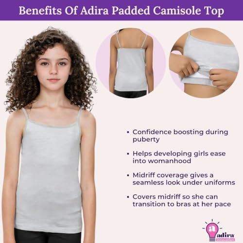 Adira | Cotton Camisole for Beginners | Beginners Cami for Puberty | Flat Padding for Nipple Coverage | Confidence for School & Home | Soft Stretchy Cotton | Pack of 3