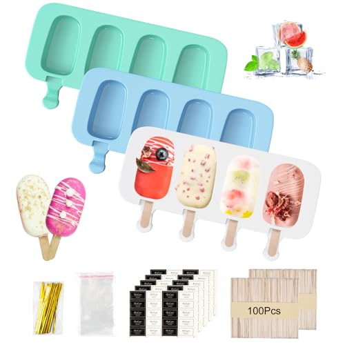 3 Groß Silikon Eisformen Eis Am Stiel, 4 Kavitäten Cakesicles Silikonform, Wiederverwendbare Magnum Cake Form mit 100 Holzstielen 50 Selbstklebende Beutel 100 Verpackungsdraht 100 Aufkleber MERHWEG 3 Groß Silikon Eisformen Eis Am Stiel, 4 Kavitäten Cakesicles Silikonform, Wiederverwendbare Magnum Cake Form mit 100 Holzstielen 50 Selbstklebende Beutel 100 Verpackungsdraht 100 Aufkleber MERHWEG