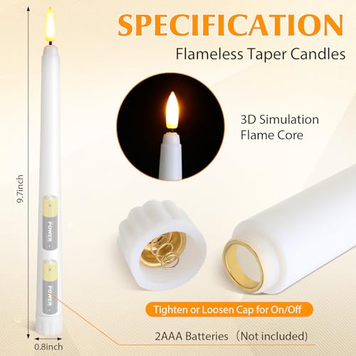 Image of Baquler 100 Pcs 9.7 Inch Flameless Taper Candles Battery Operated Taper Candles Bulk LED Flickering White Candlesticks for Wedding Church Table Centerpiece Halloween Christmas Party Decor