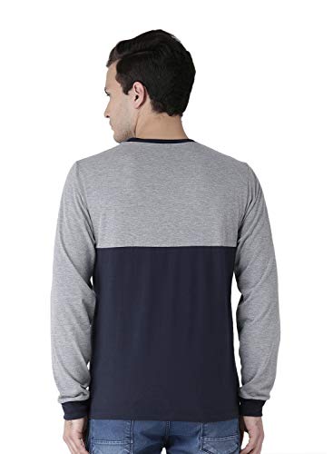 Image of Kalt Men's Dual Colour Full Sleeves Round Neck Cotton Blend T-Shirt(Light Grey Melange::Navy)