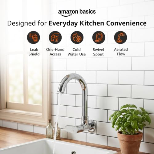 Image of Amazon Basics Round Kitchen Faucet | Cold-Only Single Lever Sink Tap with 360 Degree Swivel Spout | Aerated Water Flow | 15mm / 1 /2 BSP | Kitchen Use [Chrome]