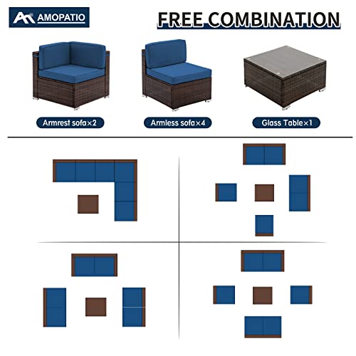Amopatio Patio Furniture Set 7 Pieces Patio Conversation Set Outdoor Sectional Wicker Rattan Sofa Couch With All-Weather Cover, Patio Furniture With Cushion Fits Porch Garden Backyard Balcony(Blue) #TOP3