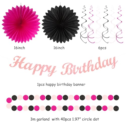 Image of Hot-Pink Black Girls-Women Birthday Party-Decorations - 21pcs Baby Happy Banner, Paper Streamers Lanterns,Tissue Pom Poms Fan,Backdrop Decor Huglony
