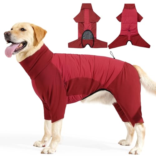 Image of BRKURLEG Full Body Dog Winter Coat Warm Fleece Pullover Pajamas, Four Legs Covered Windproof Dog Jacket for Small to Large Dogs, Turtleneck Dogs Snowsuit, Pet Cold Weather Clothes, Red XXXL
