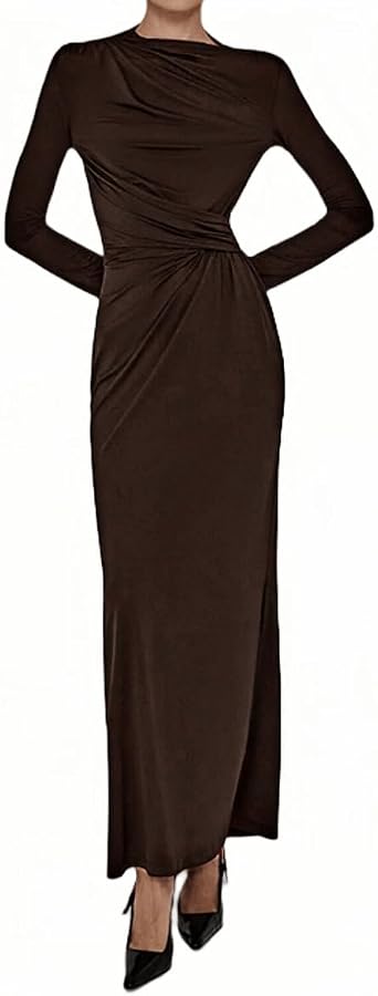YOXUA Women Elegant Casual Long Sleeve Sexy Bodycon Lounge Temperament Crewneck Maxi Dress