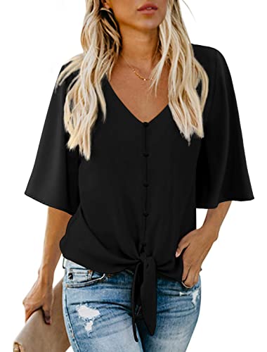 AWULIFFAN Women's Casual V Neck Batwing Sleeve Tops Tie Front Chiffon Blouses Button Down Shirts