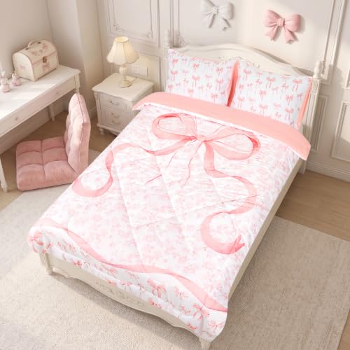 Image of Girls Twin Bedding Set, Pink Bow Twin Comforter Set for Girls Kids Bedding Set with 1 x Reversible Comforter, 1 x Fat Sheet, 1 x Fitted Sheet, 2 Pillowcases, Pink Bow