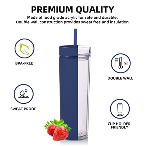 Volhoply 20oz Plastic Skinny Tumblers Bulk 4 Pack,Double Wall Tumbler with Lid and Straw,BPA Free Matte Acrylic Water Cups for Parties(Navy - Image 2