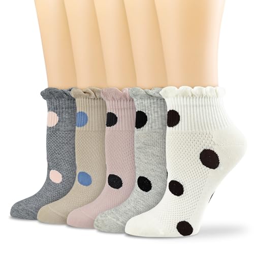 VIBCICY 5 Packs Ruffle Polka Dot Socks, Frilly Ankle Socks with Cartoon Dot Pattertn for Women, Breathable Knit Cotton