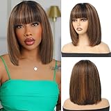 12 Inch Short Bob Wig with Bangs Human Hair Brown Highlight Wig 2.5x1 Inch Lace Bob Wig Human Hair 180 Density Layered Cut Bob Wig Wear and Go Glueless Wigs with Bangs
