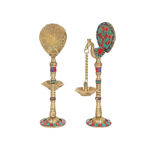Image of Two Moustaches Gemstone Work Peacock Design 9 Inches Brass Hanging Diya Pair, Brass Diyas for Decoration, Brass Oil Lamp, Brass Diya for Puja, Standard, Pack of 2