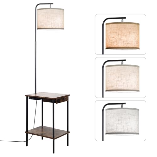 EOEYYOYB Floor Lamp with Table & Drawers, End Table Lamp with USB Charging Portt Power Outlet and Shelves, Side Table Reading Light with 3 Color Temperature Led Bulb Included for Living Room, Yellow