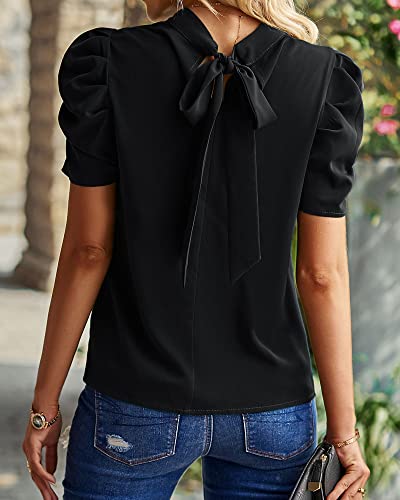 BTFBM Womens Tops Dressy Casual Mock Neck Puff Short Sleeve Shirts Back Tie Business Work Blouses Summer Fall 20254
