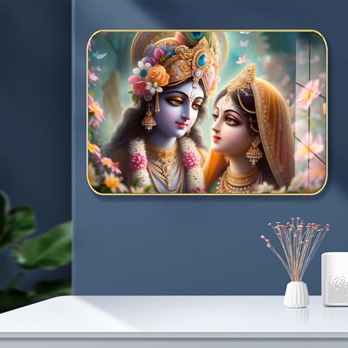 Image of Masstone Radha Krishna Crystal Embedded High Gloss Wall Painting, Golden Slim Frame, 45x30 Cm Wall Art for Living Room, Bedroom, Office & Home Decor (CRG31)