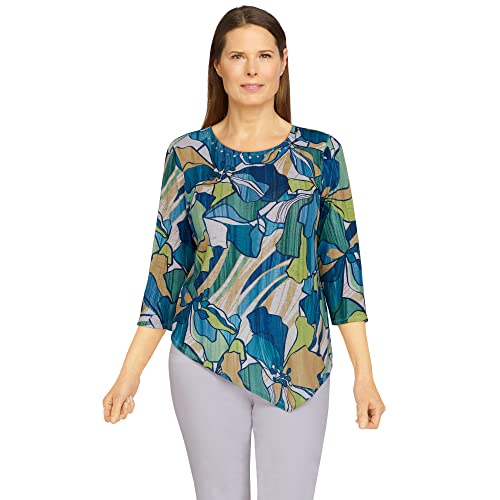 Alfred Dunner Women's Stained Glass Floral Print Knit Top Size L Denim