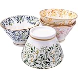 BOSILI Japanese Floral Ceramic Rice Bowls, Set of 4, Porcelain Snack Bowls with Hand-Painted Leaf Pattern, Vibrant Cereal Bowls for Oatmeal, Soup and Snack, Microwave & Dishwasher Safe