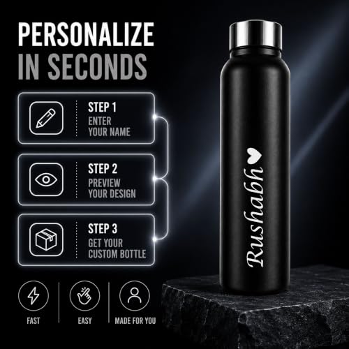 Image of Courage Personalised Stainless Steel Water Bottle 1 Litre | Custom Name Engraved Bottle | Leak-Proof, BPA-Free, Rust-Resistant | Stylish Gift for Kids, Women & Men | Office, School & Gym Use (Black)