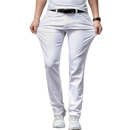 Men's Classic Casual Straight Leg Jeans, White, Stretch Slim Denim