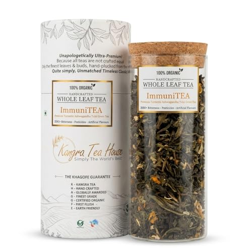 Image of Kangra Tea House CERTIFIED ORGANIC Turmeric Ashwagandha Mulethi Tulsi Green Tea | Stronger Immunity & Improves Respiratory Health | Richest Source of Antioxidants - ImmuniTEA 100g
