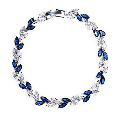 Me&Hz Blue Crystal Bracelet Silver Plated Leaf Bracelet Sapphire Birthstone Wedding Cubic Zirconia Tennis Bracelet for Women September Birthstone Bracelet Gift Cover